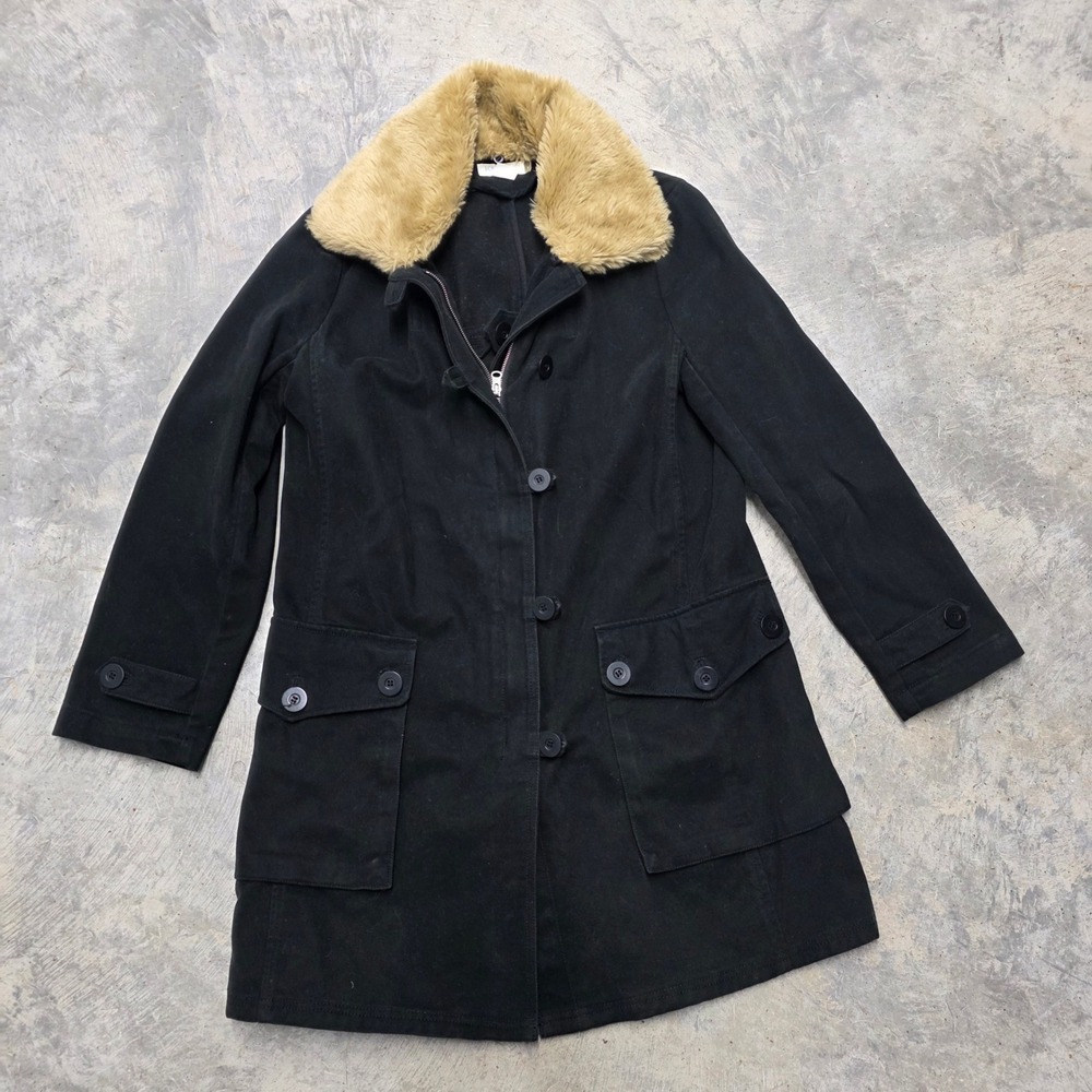 J. Crew Black Cotton Faux Fur Collar‎ Parka Coat Women's Medium